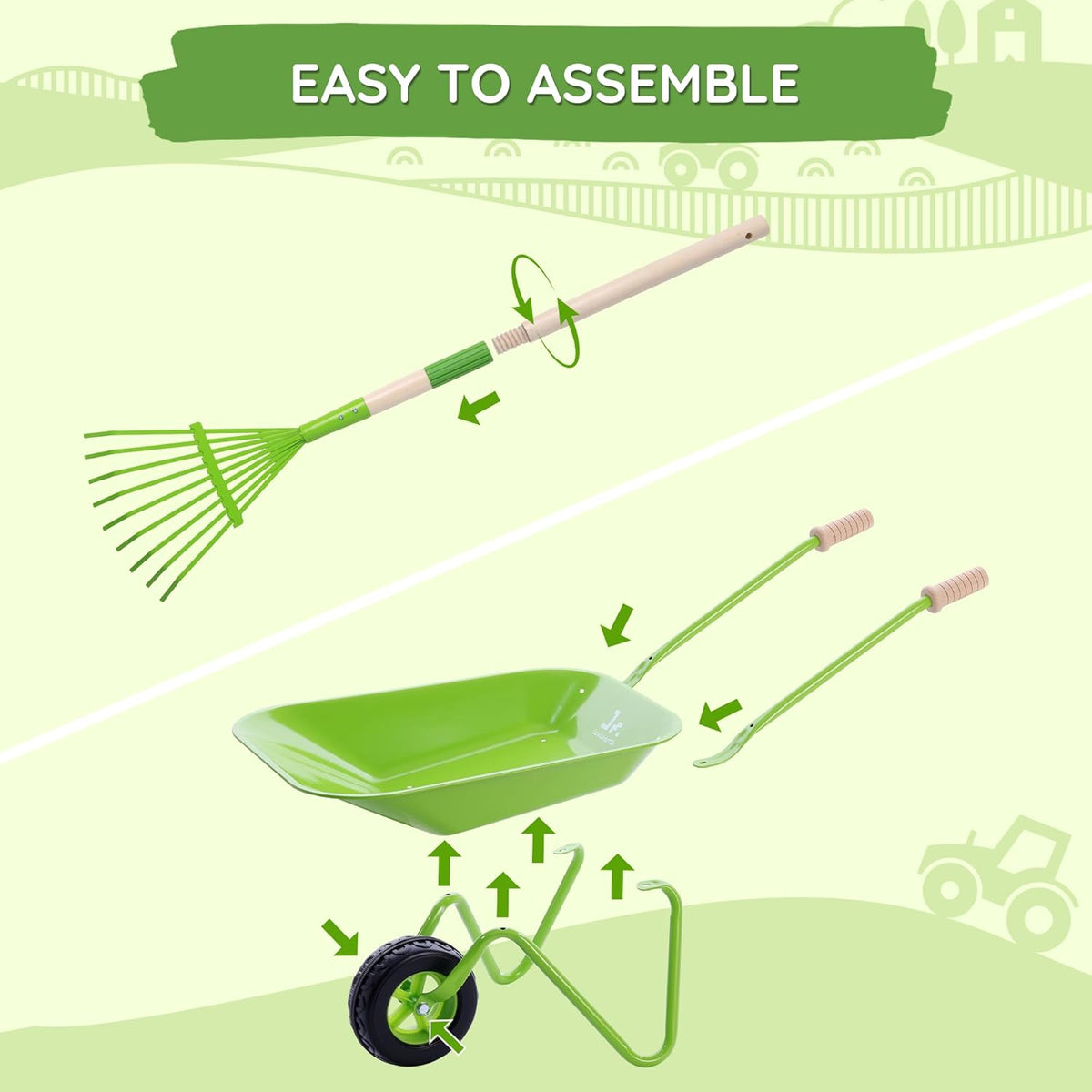 SainSmart Jr. Kids Gardening Set with Wheelbarrow - 7 Pcs Kids Rake and Shovel Set, Outdoor Toys for All Seasons - Plant, Sweep Leaves, Shovel Sand or Snow, for Boys and Girls