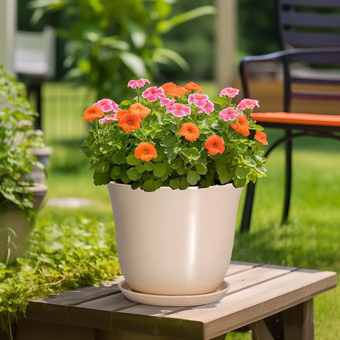 Ceramic Plant Pots - 12 Inch Plant Pot with Drainage Hole and Tray, Large Round Flower Pot for Indoor Outdoor, Modern Planter, Decorative Planters, Home Garden Decor, Beige