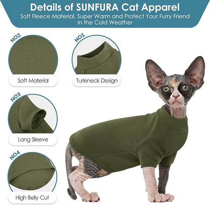SUNFURA Turtleneck Sweater for Cat, Sphynx Cats Shirt Hairless Cat Sweaters with Sleeves, Warm and Soft Kitten Pullover Fleece Winter Pajamas Jumpsuit for Puppy Cats, ArmyGreen XL
