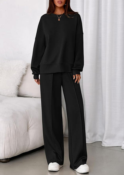 PRETTYGARDEN 2 Piece Sets For Women Fall Trendy Long Sleeve Sweatshirt Wide Leg Pants Loungewear Set Matching Sweatsuit