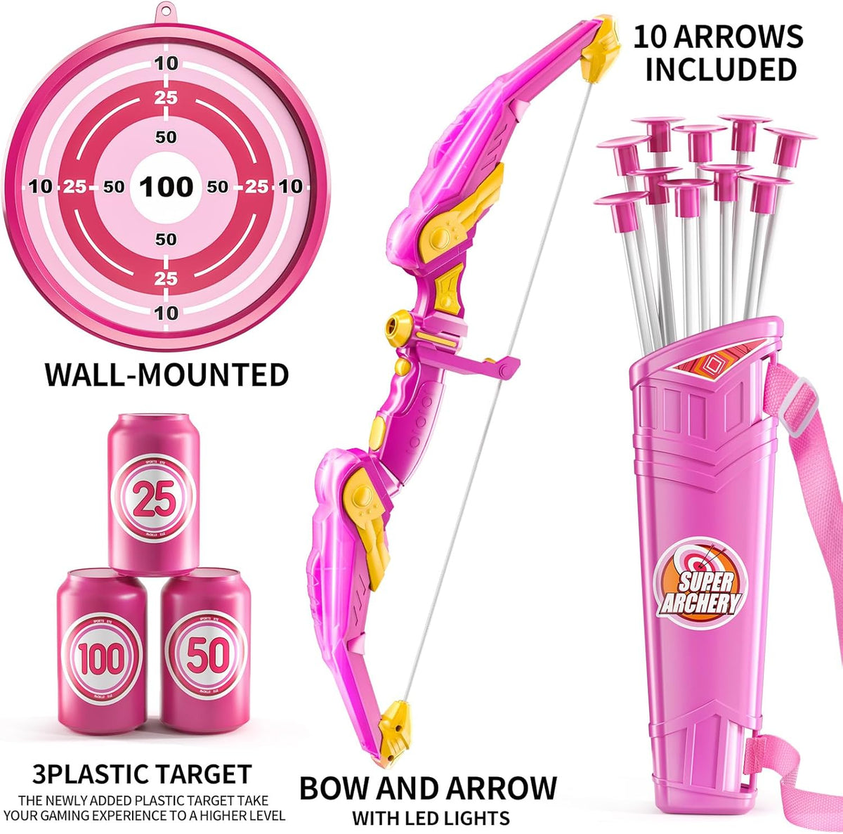 TEMI Bow and Arrow Set for Kids - Archery Toy Set - LED Light Up with Suction Cup Arrows, Target & Quiver, Indoor and Outdoor Toys for Children Boys Girls