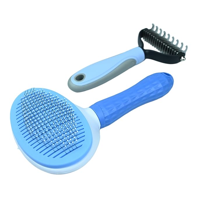 Pet Grooming Combo — Shedding Brush with Metal Comb for Detangling and Removing Undercoat in Long-Haired Dogs and Cats. helping reduce shedding by up to 95%.