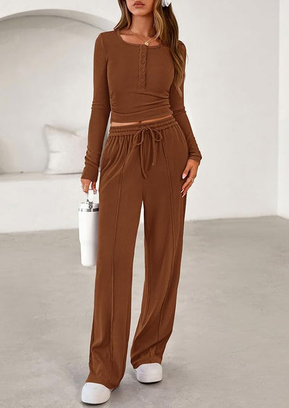 PRETTYGARDEN Women's 2026 Fall Trendy 2 Piece Outfits Lounge Sets Long Sleeve Top Henley Shirts Wide Leg Pants Travel Clothes