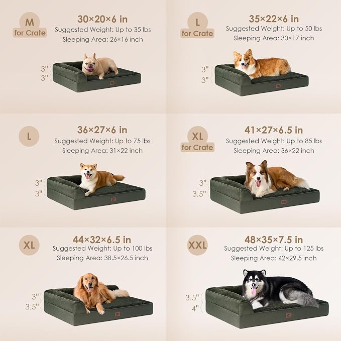 EHEYCIGA Large Dog Bed Memory Foam for Crate, Orthopedic Dog Bed Large Size Dogs with Washable Removable Cover, Waterproof Pet Sofa Couch with Nonskid Bottom, 35x22x6, Dark Green | Small Dog Sofa with Washable Removable Cover, Waterproof Pet Couch for ...