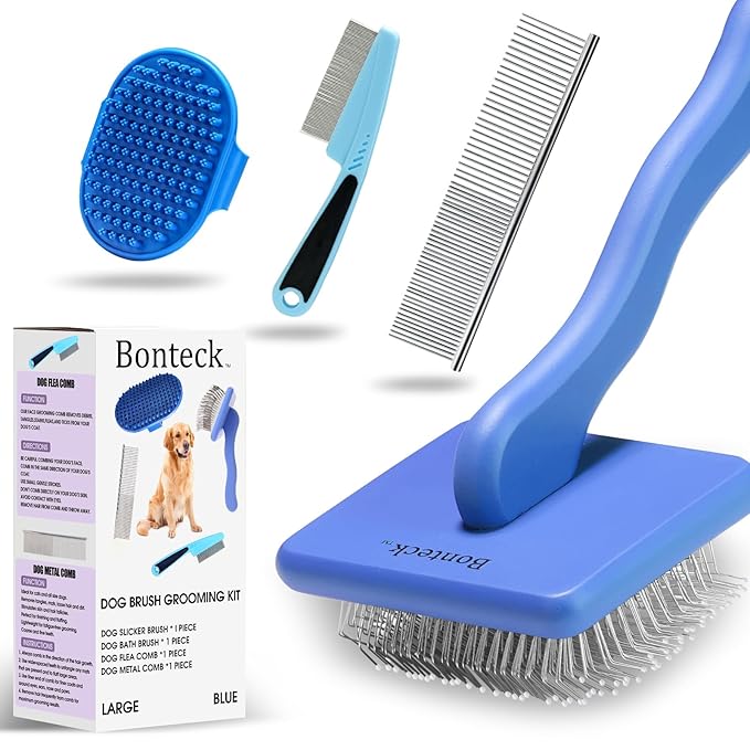 Dog Slicker Brush for Dogs Grooming Kit 4PCS | Large Dog Brush for Goldendoodles Poodles Doodles | Long Pin Haired Brush | Poodle Brushes and Comb (Blue)