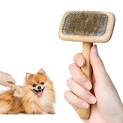 UTEE Slicker Brush for Long-Haired Cats & Small Dog (Pomeranians, Bichons, Shih Tzus, Ragdoll & Persian Cats) Gentle Grooming Tool with Stainless Steel Curved Pins & Ergonomic Beech Wood Handle