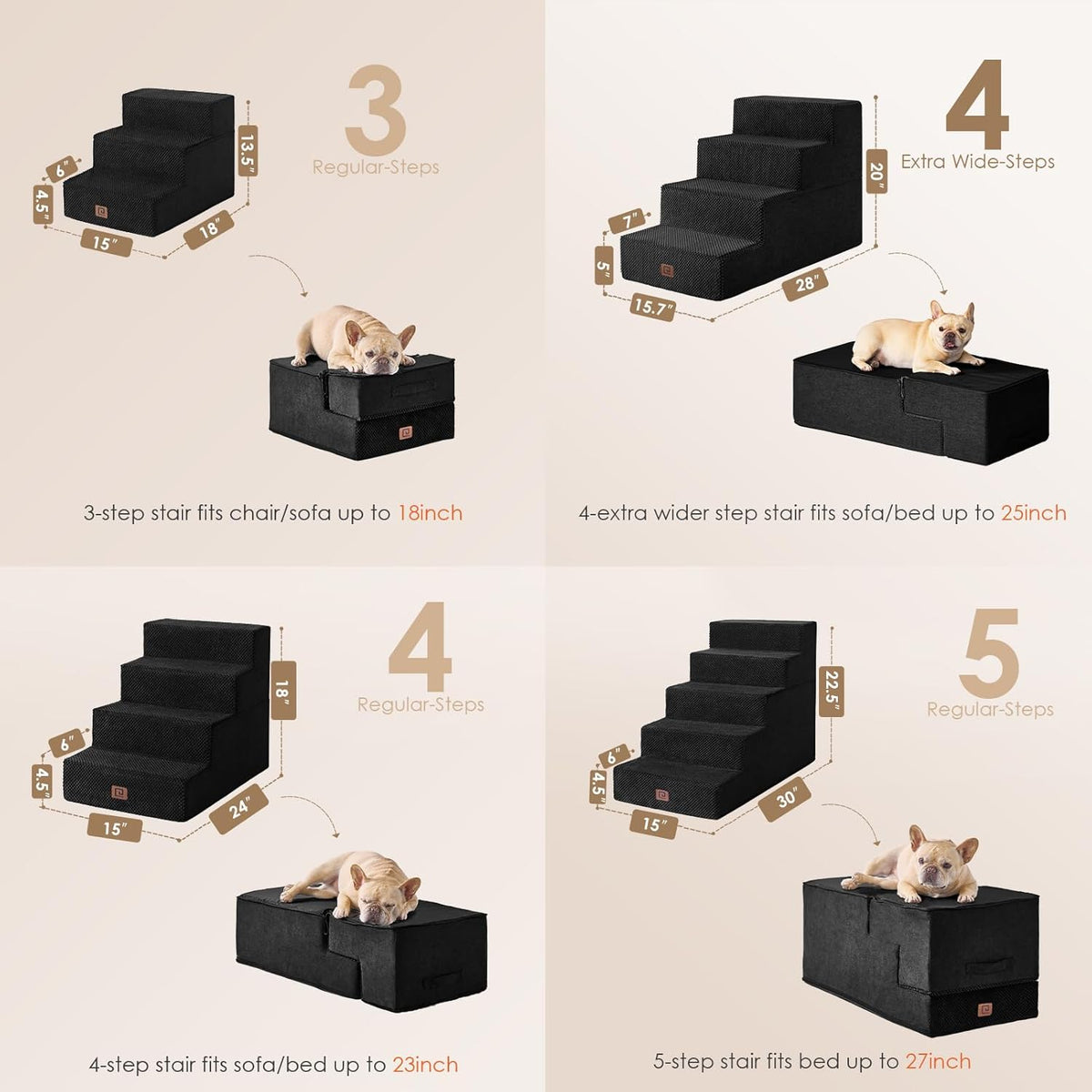 EHEYCIGA Dog Stairs for Bed 20" H, 4-Step Extra Wide Dog Steps for High Bed, Pet Steps for Small Dogs and Cats, Non-Slip Balanced Pet Ramp Indoor, Black