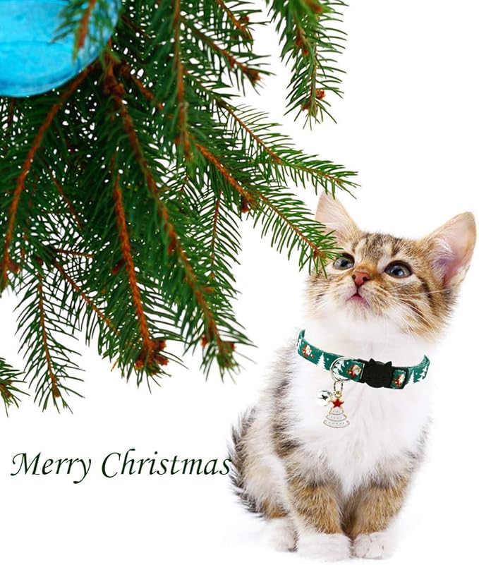 Christmas Cat Collar Set - Xmas Cat Adjustable Breakaway Collars with Bells & Charms 4Pcs Per Set