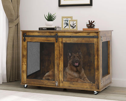 LINLUX 47 Inch Large Dog Crate Furniture, Wooden Heavy Duty XL Dog Kennel Indoor, Decorative Dog Cage Table for Large Dogs, with Sliding Doors, Wheels and Flip-top Plate, Rustic Brown