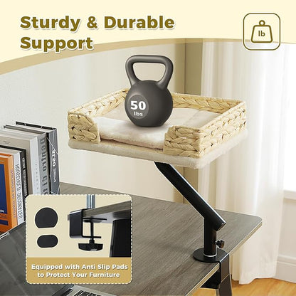 PAWZ Road Cat Desk Bed for Indoor Cats, Wicker Cat Bed for Desk Supports Up to 50 lbs, 360° Rotation & Adjustable Soft Plush Cats Hammock for Desktop, White