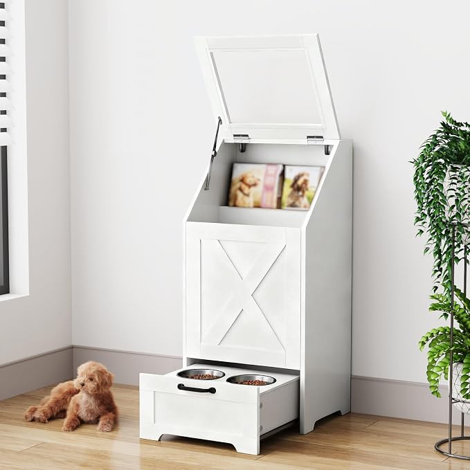 Dog Feeding Station with Storage Cabinet and 2 Elevated Dog Bowls, Hidden Pet Food Storage Organizer for Dog &Cat, Modern Dogs Furniture, White