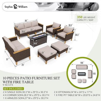 Sophia & William Patio Furniture Set with 56-Inch Fire Pit Table, 4 Corner Sofa, 3 Single Chairs, 2 x Ottoman, Outdoor Wicker Sectional Sofa Patio Conversation Set for Pool,Deck,Lawn (Beige)