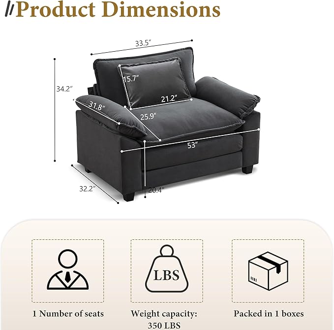 URRED Modular Sectional Sofa Comfy Cloud Couch, Modern Velvet Sofa Sleeper Deep Seat Couches with Ottoman/Pillows for Living Room (Dark Gray, 53'')