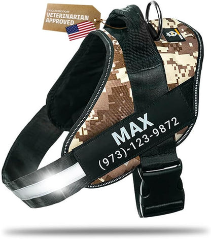 Personalized Dog Harness with Custom Name Patches, Adjustable Reflective No Choke Dog Vest with Handle for Extra Large Dog, Military Desert, XL