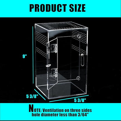 Acrylic Tarantula Enclosure Jumping Spider Enclosure with Front Opening Door 5.3 * 5.3 * 9 Inches Micro Habitat Terrarium for Small Tree Dwelling Reptiles, Spiders & Invertebrates