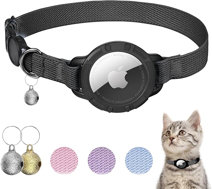 AirTag Cat Collars, Stretchy Collar with Apple AirTag Holder and Bell, Breakaway Ultra Design Elastic GPS Tracking Collars for Cats and Puppies, (7.5-12.5 Inch), Black