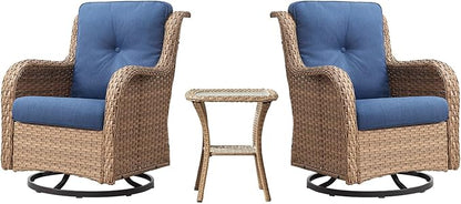 Belord Outdoor Swivel Rocker Patio Chairs - 360 Degree Swivel Glider Seating 350LBS Weight Capacity 3 Piece Wicker Rocking Chairs Set with Side Table for Porch Balcony Deck, Yellow/Blue