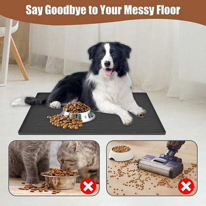 24"x16" Large Dog Food Mat, Silicone Dog and Cat Mats for Food and Water Bowls, Waterproof Raised Edge Pet Feeding Mat for Contain Spills Protects Floors, Multiple Colors & Sizes for Pets, Dark Gray