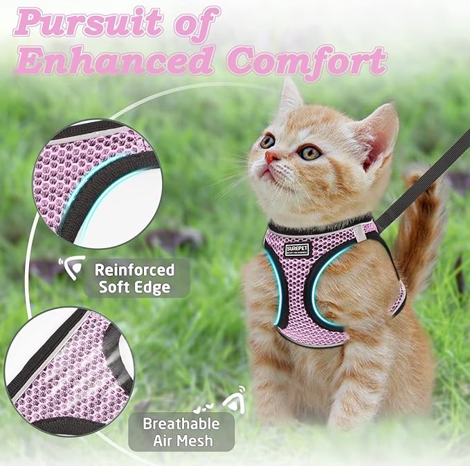 Cat Harness and Leash for Walking Escape Proof, Adjustable Kitten Vest Harness Reflective Soft Mesh Puppy Harness for Outdoor, Comfort Fit, Easy to Control (Lpink, XS)