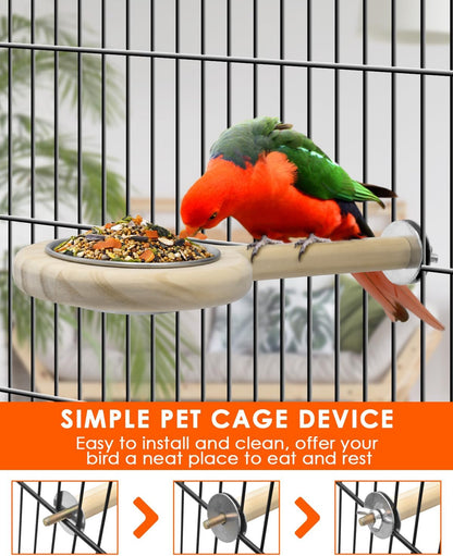 KATUMO Bird Perch Bird Feeding Cup Parrot Wood Perch Stand Toy Bird Cage Accessory for Parakeet Lovebird Conure Budgie Canary Finch Small Parrots