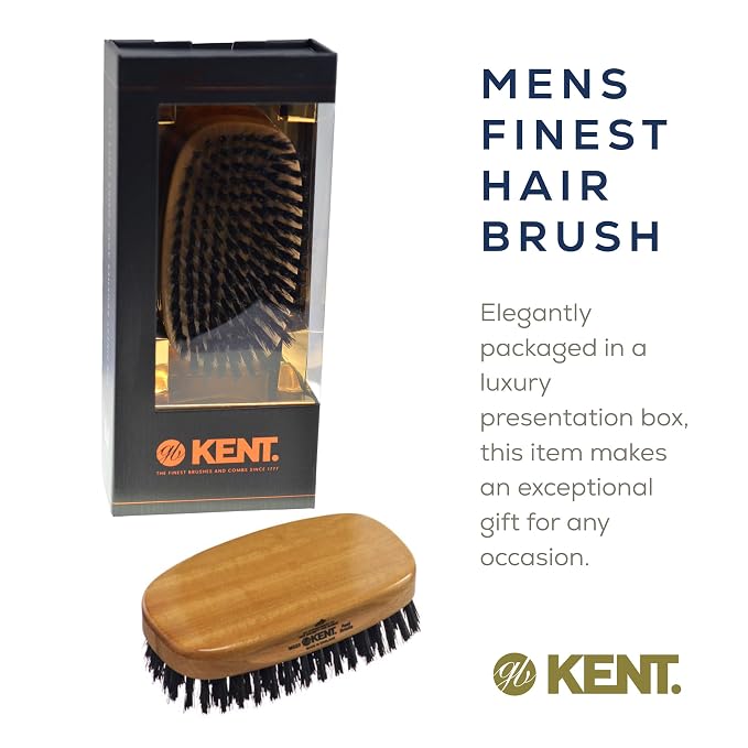 Kent MS23 Finest Men's Rectangular 100% Natural Satinwood & Beechwood Military Hair Brush with Medium Black Bristle for Mens Grooming, Scalp Brush, 360 Wave, and Beard Straightener