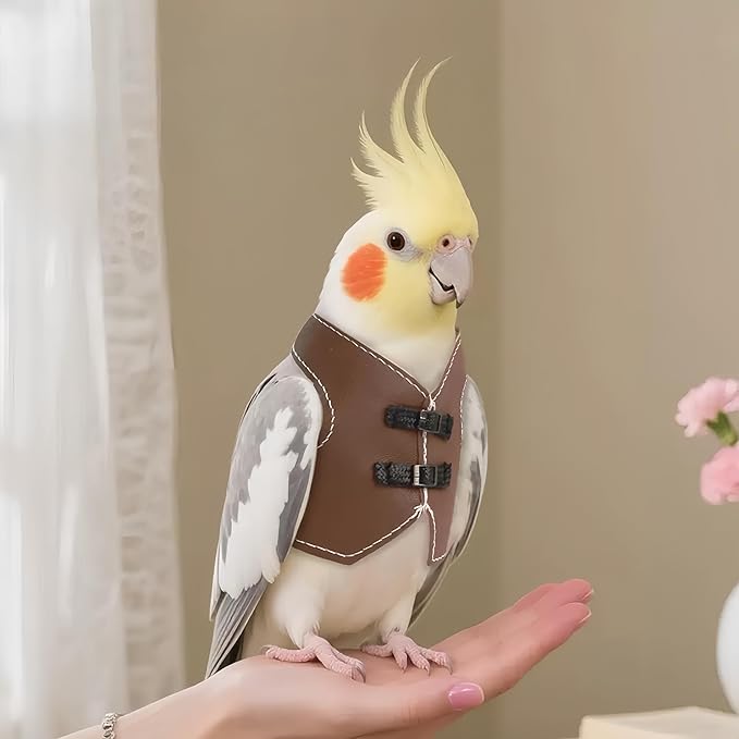 Bird Clothes, Parrot Leather Jacket, Bird Costume Cosplay Photo Prop, Parrot Apparel for Eclectus, Budgerigar, African Greys Parakeet, Conure, Cockatiel, Love Birds-Cowboy Style,Brown,L