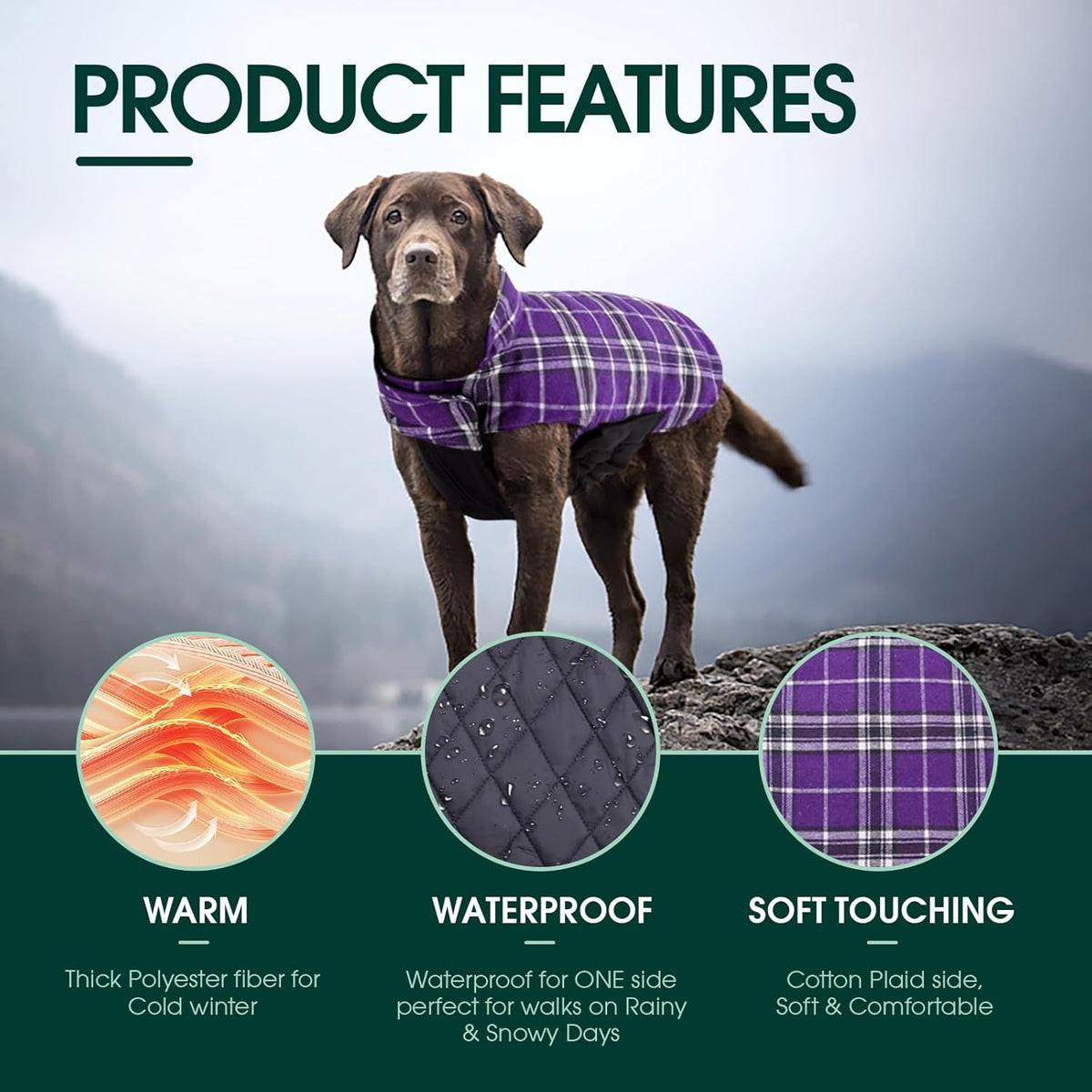 Kuoser Warm Dog Coat, Waterproof Dog Jacket for Extra Large Dogs, Adjustable Durable XXL Doggie Winter Coat Reversible Puppy Cold Weather Apparel from Small to Large Breed, Purple XXL