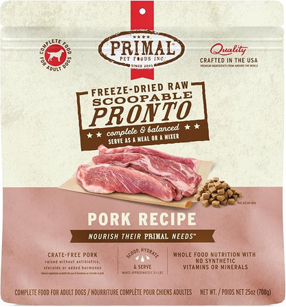 Primal Freeze Dried Dog Food, Pronto Mini Nuggets, Pork; Scoop & Serve, Complete & Balanced Meal; Also Use As Topper or Treat; Premium, Healthy, Grain Free, High Protein Raw Dog Food (25 oz)