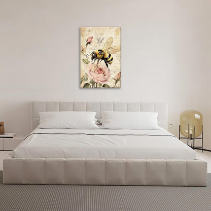 Rustic Bee Bathroom Pictures Wall Art, Vintage Floral Bathroom Wall Decor, Pink Rose Flower Framed Painting Canvas Artwork for Bedroom Living Room Decorations 24"L x 16"W