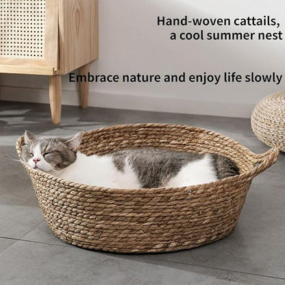 Cat Bed, Straw Woven Cat Baskets Bed, Round Wicker Cat Basket Nest, Non-Slip Cozy Kitten Bed for Cats Small Dog (Only Nest,Medium)
