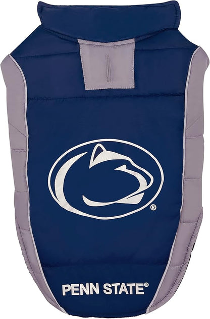 NCAA Penn State Nittany Lions Puffer Vest for Dogs & Cats, Size Small. Warm, Cozy, and Waterproof Dog Coat, for Small and Large Dogs/Cats. Best NCAA Licensed PET Warming Sports Jacket