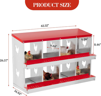 8 Hole Chicken Nesting Box with Roll Out Egg Tray, Rustproof & Ventilated Chicken Laying Boxes for Hens, Chickens, Ducks | Easy-Clean Poultry Coop Accessories