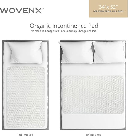 Organic Incontinence Pads for Kids & Toddlers - 5 Layer Waterproof Protectors for Overnight Bed Wetting - Reusable & Washable Pee Pads - Fits Twin to Full Size Beds - 34" x 52" White