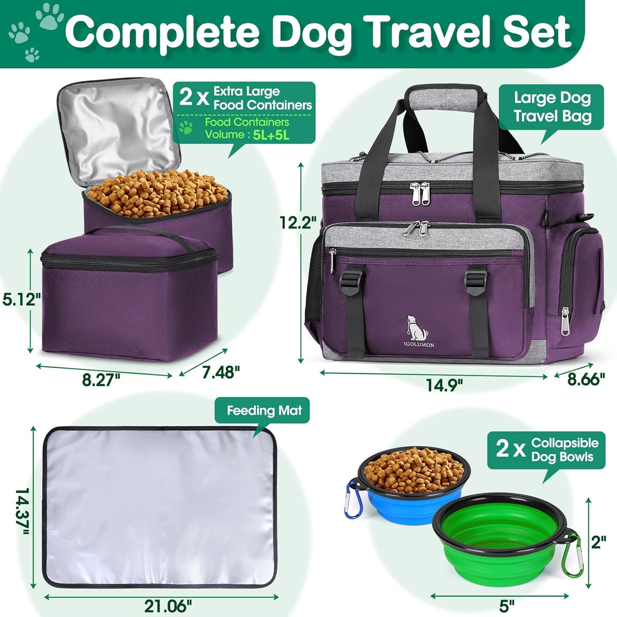 IGOLUMON Dog Travel Bag Large Pet Travel Bags Set for Supplies Weekend Dog Travel Kit Tote Organizer Multi-Pockets Dog Food Travel Bag with 2 Large Food Containers, 2 Dog Bowls, 1 Feeding Mat, Purple