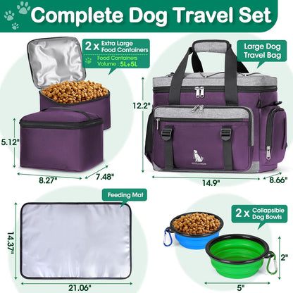 IGOLUMON Dog Travel Bag Large Pet Travel Bags Set for Supplies Weekend Dog Travel Kit Tote Organizer Multi-Pockets Dog Food Travel Bag with 2 Large Food Containers, 2 Dog Bowls, 1 Feeding Mat, Purple