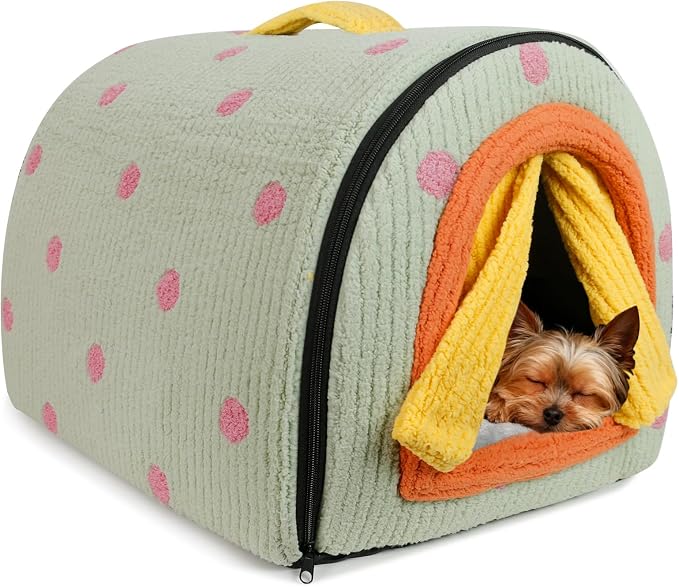 Dog House Indoor for Small Dogs, Green, Medium | 2-in-1 Enclosed Dog Bed with Cover Cave & Curtain, Dog Tent with Plush Washable Cushion, Inside Dog House for Pets