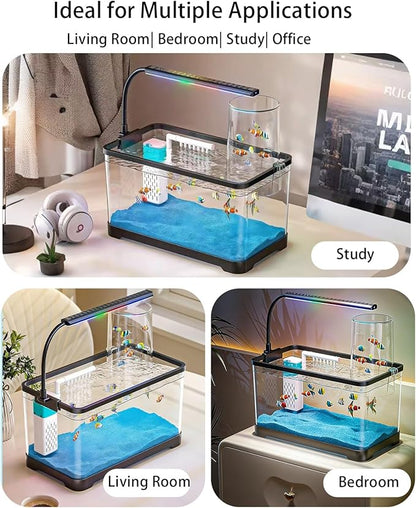 Negative Pressure Aquarium Fish Tank Kit, 3 Gallon Betta Fish Tank Starter Kit with Light and Filter, Blue Sand, Small Tropical Fish, Guppies, Goldfish, or Betta