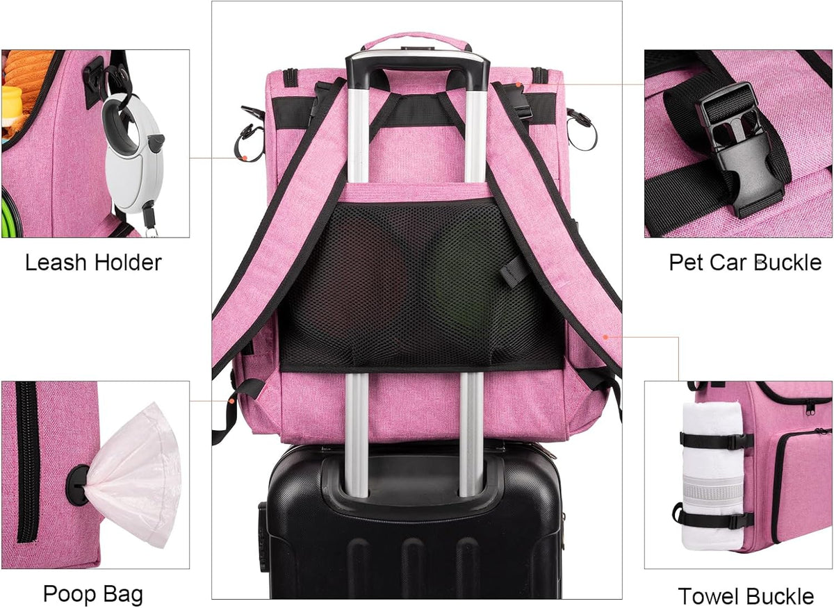 Modoker Dog Travel Bag Backpack, Airline Approved Pet Accessories Organizer for Dog and Cat with Shoulder Strap, 2 Dog Food Storage Containers, 2 Collapsible Dog Bowls,1 Pet Mat, Pink