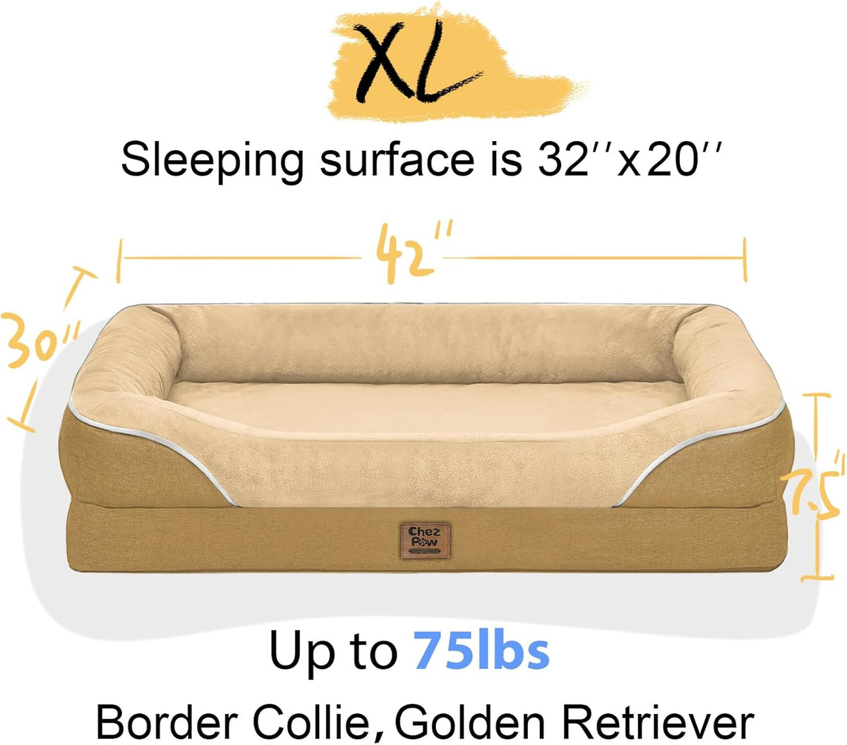 Orthopedic XL Large Dog Bed - Removable Bolster & Waterproof Washable Cover for Pet Extra Large Bed with Foam Support Non-Slip Bottom Dog Beds