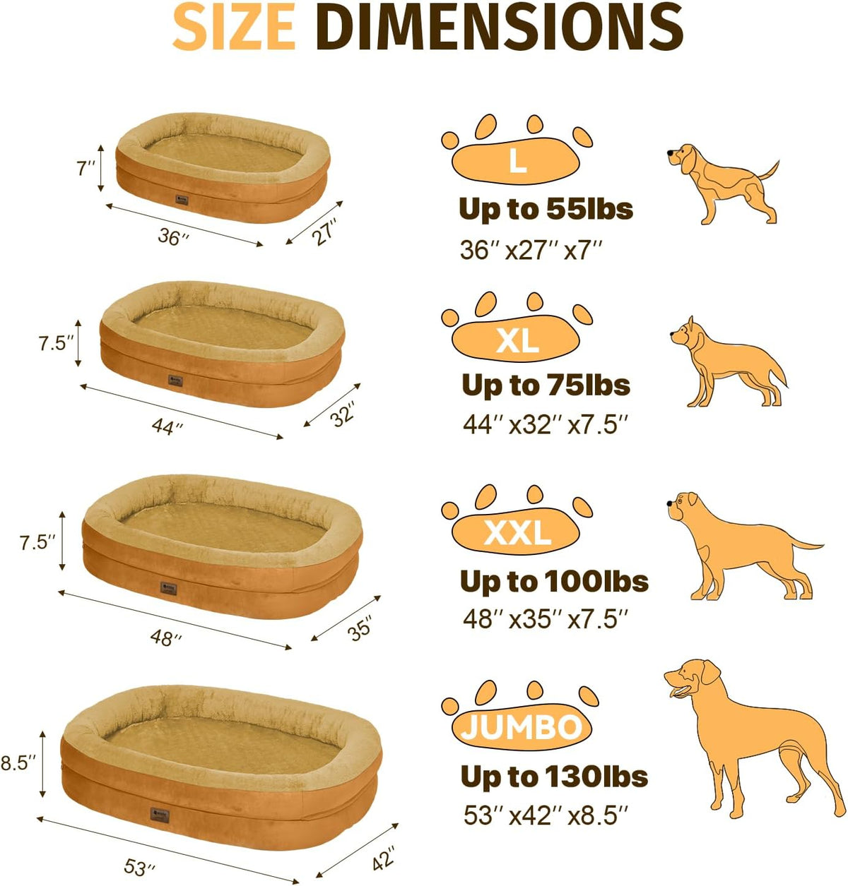 Orthopedic Waterproof Large Dog Bed: Memory Foam Washable Dog Bed with Bolsters - XXL Orthopedic Removable Cover for Medium Large Sized Pet - Non-Slip Bottom - Orange