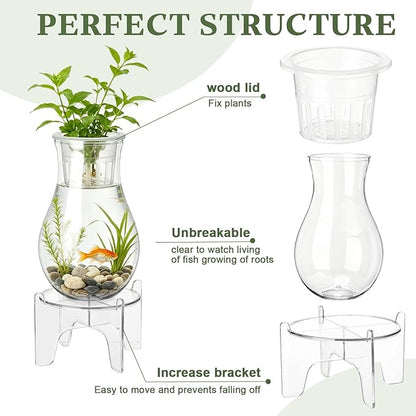 Thenshop 1 Gallon Plastic Aquaponic Planter and Aquarium Betta Bowl Fish Aquariums Small Fish Tank with Base and Top Promotes Healthy Hydroponic Environment for Plants (Spherical)