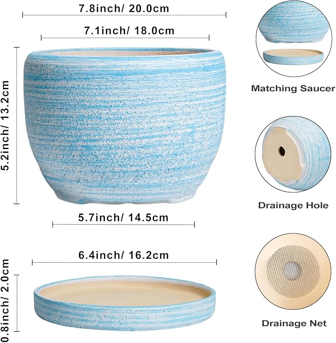 SQOWL Ceramic Planter - 8 inch Pot for Plants Indoor Outdoor, Modern Ceramic Flower Pot with Drainage Hole and Saucer, Decorative Round Planter, Home Office Decor, Plant Lovers Gifts, Blue