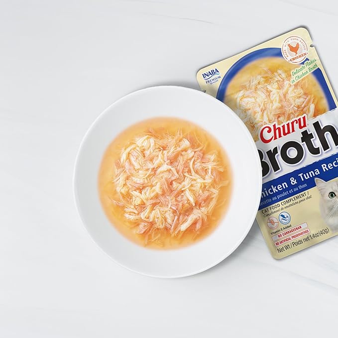 INABA Churu Broth for Cats, Side Dish Pouch, 1.4 Ounces per Pouch, 12 Pouches, Chicken & Tuna Recipe