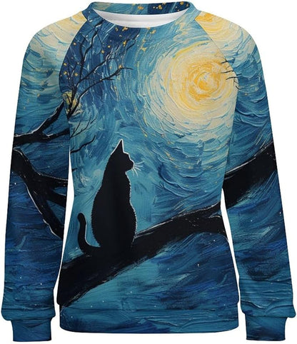 Long Sleeve Shirts for Women Cat Oil Painting Shirt 3D Graphic Sweatshirts Fall Pullover Crewneck Vintage Boho Tops