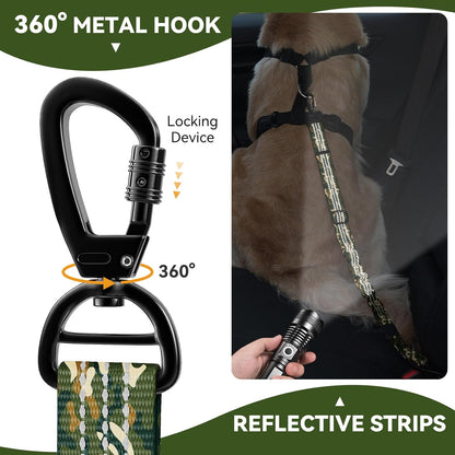 Pawaboo 2Pack Dog Seatbelt for Car, Dog Car Seat Belt Bungee, Dogs Tether with Buckle & Hook Latch, Adjustable Reflective Dogs Cars Harness Leash with 360° Lockable Buckle, Army Green Camouflage