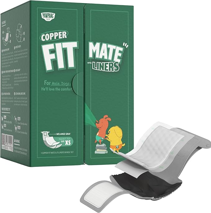 PAWPANG Copper Fit Mate Washable Male Dog Belly Band Kit – 1 Reusable Male Wrap with 15 Dog Diaper Liners, Ideal for Senior Dogs, Incontinence, and Marking, XS