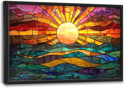 Quorin Boho Sun Large Wall Art Colorful Pictures Abstract Geometric Sun Sunset Sea Wall Decor Modern Canvas Print Painting Artwork for Dining Room Living Room Bedroom 36L x 24W
