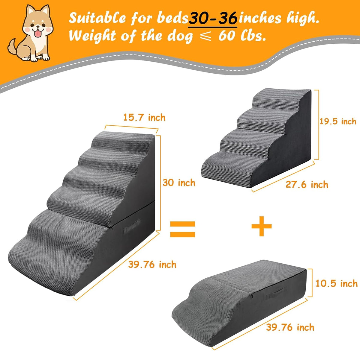 Dog Stairs&Steps for 30 Inches Tall High Bed Up to 30-36 Inch, Pet Dog Ramp Ladder for Small Dogs, Doggie, Old Cats, Kitty, Small Animals Grey