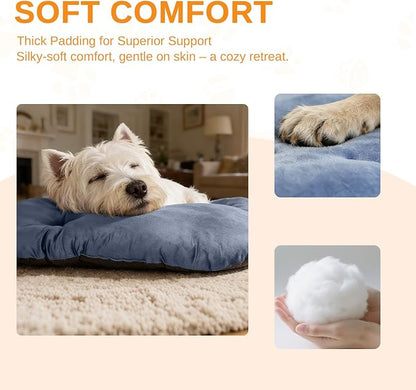 Washable Oval Large Dog Bed, Silver-Tipped High-Resilience, Dusty Blue | Non-Slip Bottom Prevents Sliding, Soft Plush Short Fur, Machine Washable, Ideal for Crates/Apartments/Cozy Nooks,35"x22"x3.2"