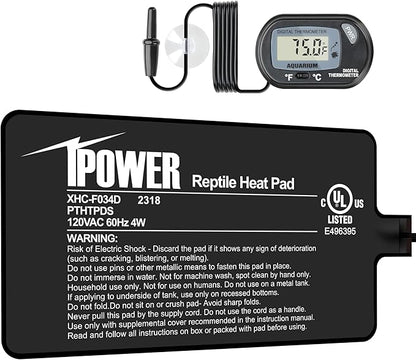 iPower 4 by 7-Inch 4W Reptile Heat Mat, LCD Digital Aquarium Thermometer, Under Tank Warmer Terrarium Heat Pad for Turtles Lizards Frogs and Other Small Animals, Multi Sizes